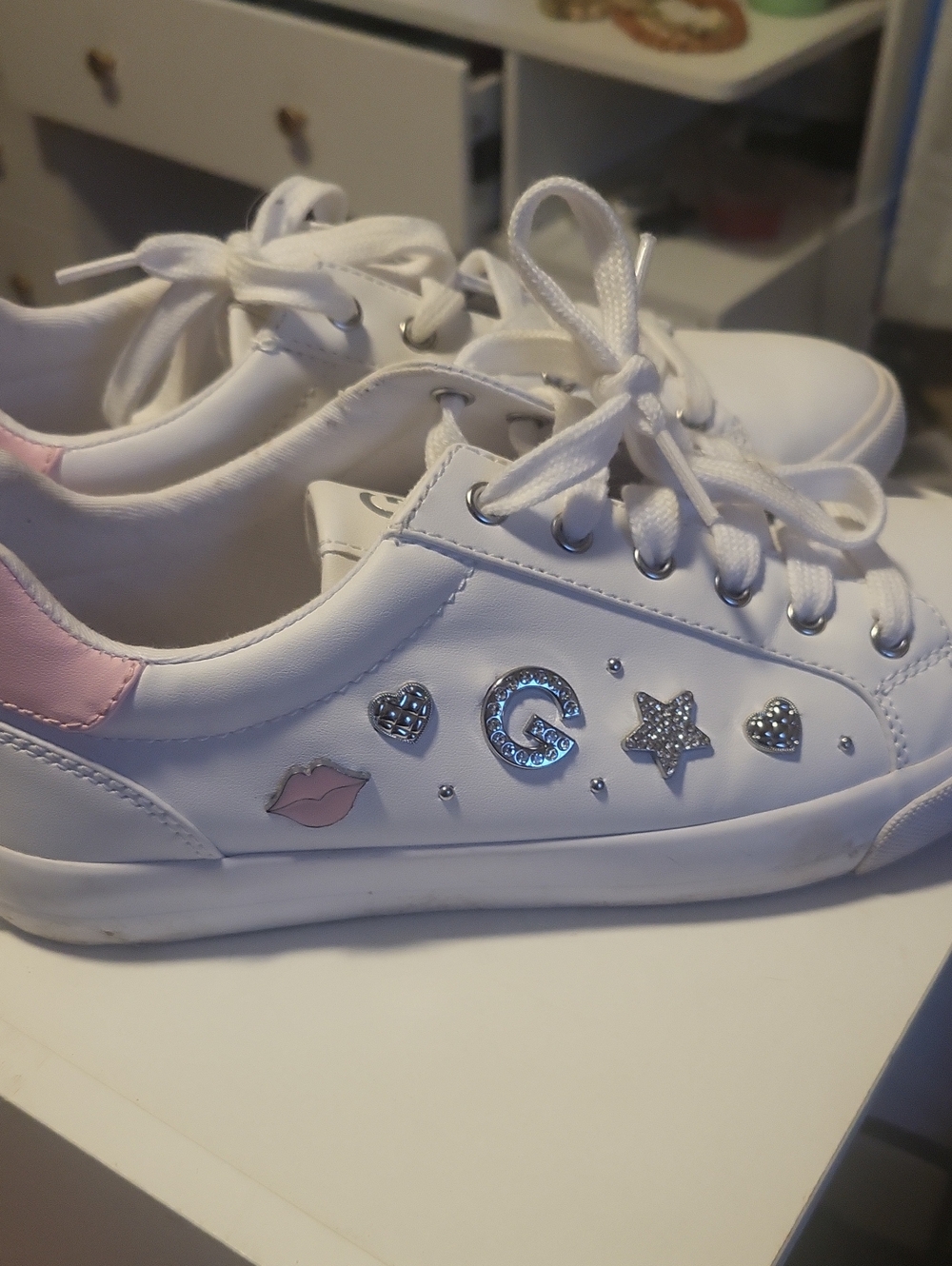 GBG Los Angeles White and Pink Lace-Up Sneakers with Decorative Charms